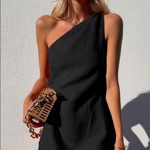 POSSE Exclusive Aubrey One Shoulder Mini Dress - Small - Black - Linen